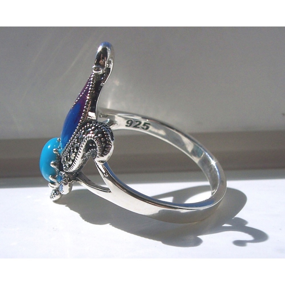 925 STERLING SILVER Simulated Turquoise Fish Ghost Marcasite Ring - Picture 9 of 16